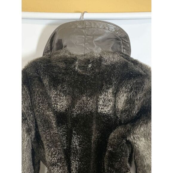 Vintage Women’s Faux Fur Leather Tie Front Shawl Coat Brown Size Medium - Picture 12 of 12